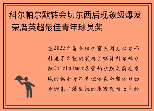 科尔帕尔默转会切尔西后现象级爆发 荣膺英超最佳青年球员奖